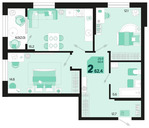 
   Продам 2-комнатную, 62.4 м², Первое место, квартал 1.10, литер 2

. Фото 2.