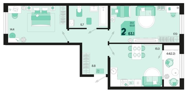 
   Продам 2-комнатную, 63.1 м², Первое место, квартал 1.1, литер 2

. Фото 1.