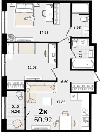 
   Продам 2-комнатную, 60.92 м², Патрики, литер 2

. Фото 7.