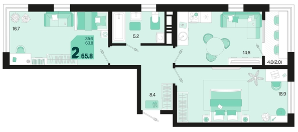 
   Продам 2-комнатную, 65.8 м², Первое место, квартал 1.2, литер 2

. Фото 2.