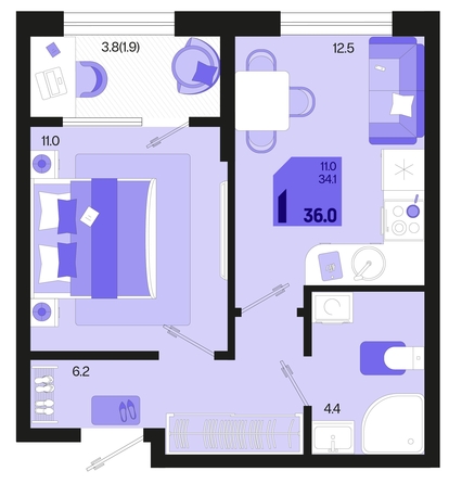 
   Продам 1-комнатную, 36 м², Первое место, квартал 1.2, литер 1

. Фото 2.