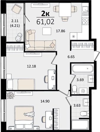 
   Продам 2-комнатную, 61.02 м², Патрики, литер 2

. Фото 7.