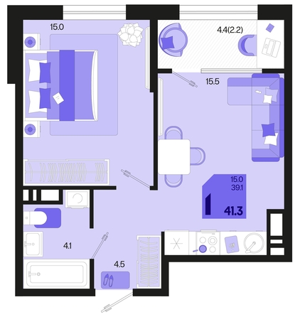 
   Продам 1-комнатную, 41.3 м², Первое место, квартал 1.2, литер 1

. Фото 1.