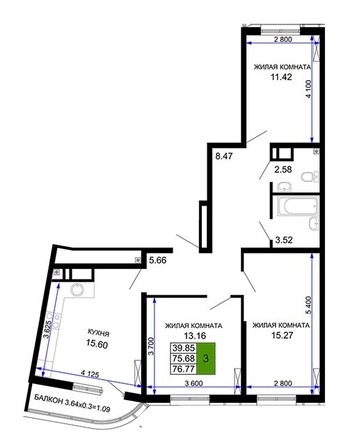 
   Продам 3-комнатную, 76.77 м², Фонтаны, литер 11

. Фото 7.