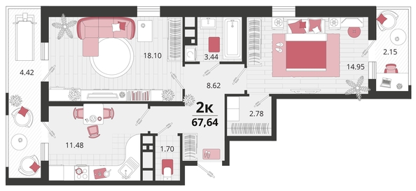 
   Продам 2-комнатную, 67.64 м², Родные просторы, литера 21

. Фото 4.