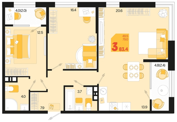 
   Продам 3-комнатную, 83.4 м², Первое место, квартал 1.3, литер 2

. Фото 1.