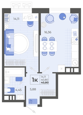 
   Продам 1-комнатную, 40.8 м², Высочество, литера 2

. Фото 4.