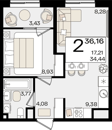 
   Продам 2-комнатную, 36.16 м², Патрики, литер 1.2

. Фото 4.