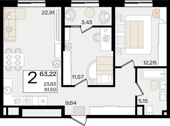 
   Продам 2-комнатную, 63.22 м², Патрики, литер 1.1

. Фото 7.