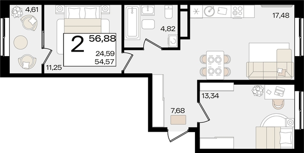 
   Продам 2-комнатную, 56.88 м², Патрики, литер 1.3

. Фото 8.