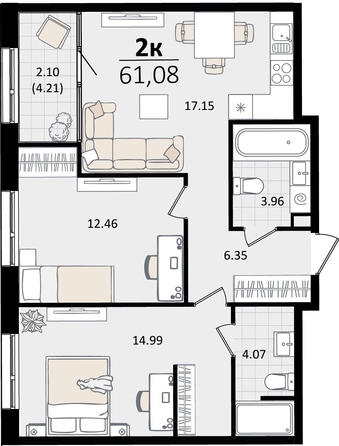 
   Продам 2-комнатную, 61.08 м², Патрики, литер 2

. Фото 7.