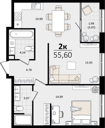 
   Продам 2-комнатную, 55.6 м², Патрики, литер 2

. Фото 7.