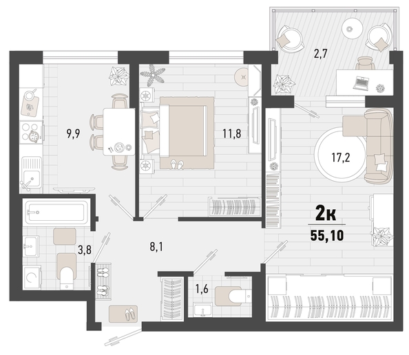 
   Продам 2-комнатную, 55.1 м², Барса, 3В литер

. Фото 1.