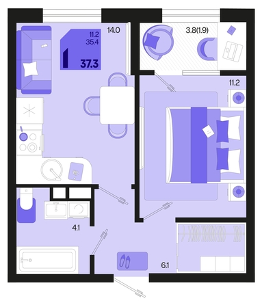 
   Продам 1-комнатную, 37.3 м², Первое место, квартал 1.3, литер 2

. Фото 1.