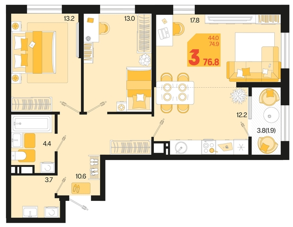 
   Продам 3-комнатную, 76.8 м², Первое место, квартал 1.10, литер 2

. Фото 12.