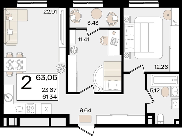 
   Продам 2-комнатную, 63.06 м², Патрики, литер 1.1

. Фото 4.