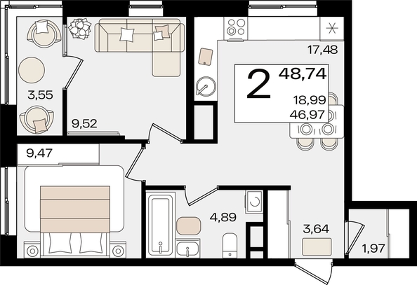 
   Продам 2-комнатную, 48.74 м², Патрики, литер 1.2

. Фото 7.