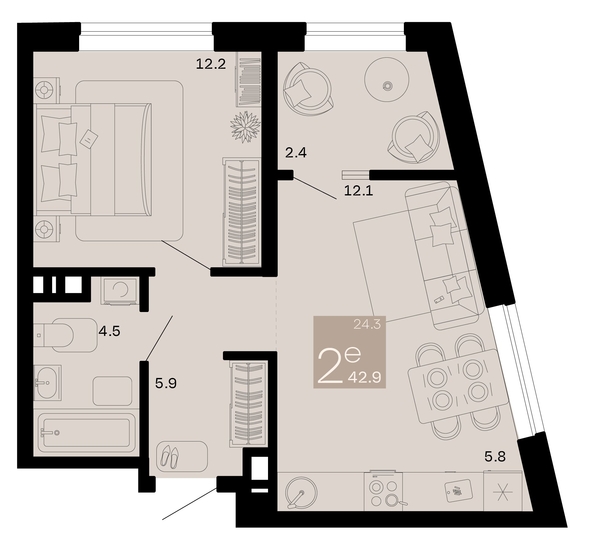 
   Продам 2-комнатную, 42.9 м², Хозяин морей, литер 2

. Фото 1.