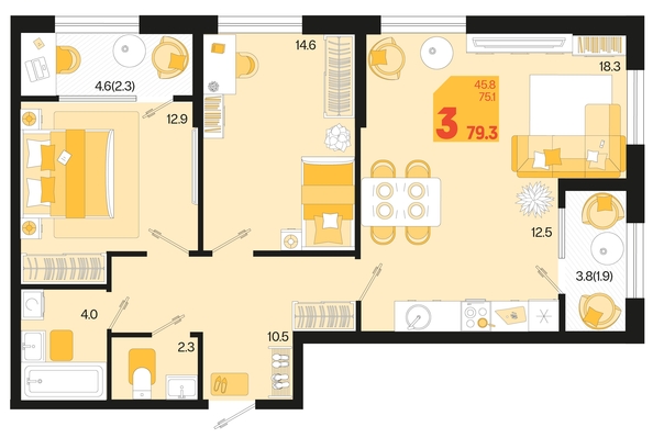 
   Продам 3-комнатную, 79.3 м², Первое место, квартал 1.4, литер 2

. Фото 1.