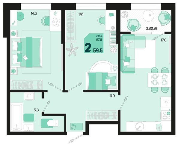 
   Продам 2-комнатную, 59.5 м², Первое место, квартал 1.4, литер 2

. Фото 1.