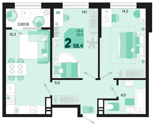 
   Продам 2-комнатную, 58.4 м², Первое место, квартал 1.4, литер 2

. Фото 1.