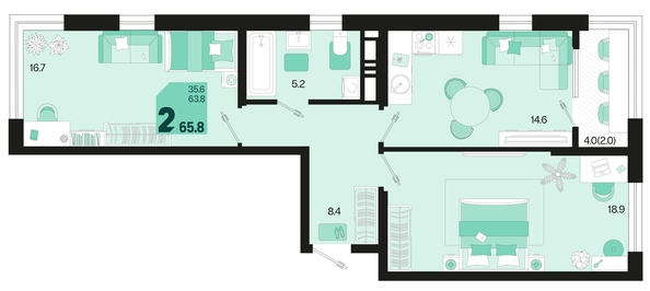 
   Продам 2-комнатную, 65.8 м², Первое место, квартал 1.5, литер 1

. Фото 1.