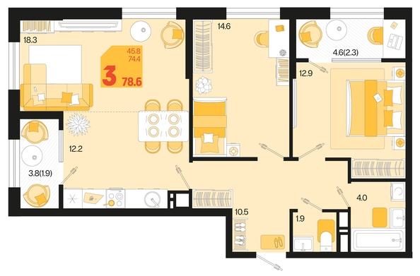 
   Продам 3-комнатную, 78.6 м², Первое место, квартал 1.5, литер 1

. Фото 1.