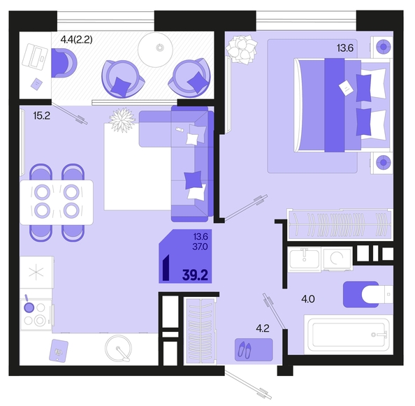 
   Продам 1-комнатную, 39.2 м², Первое место, квартал 1.5, литер 1

. Фото 1.