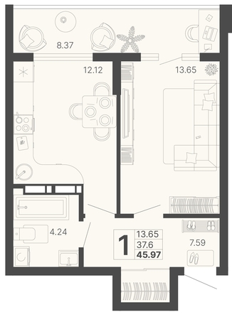 
   Продам 1-комнатную, 41.79 м², Светский лес, литер 3

. Фото 1.