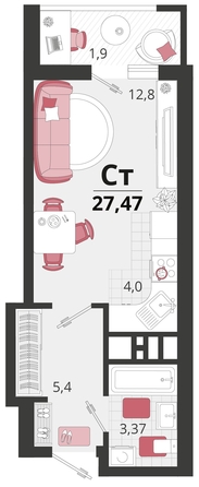 
   Продам 1-комнатную, 27.47 м², Родные просторы, литера 12

. Фото 4.