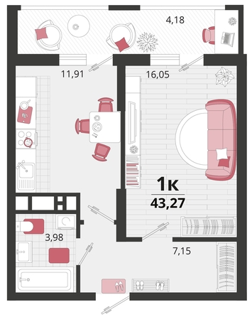 
   Продам 1-комнатную, 43.27 м², Родные просторы, литера 14

. Фото 4.