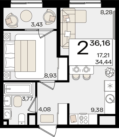 
   Продам 2-комнатную, 36.16 м², Патрики, литер 1.2

. Фото 4.