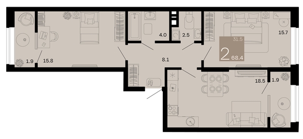 
   Продам 2-комнатную, 68.4 м², Хозяин морей, литер 1

. Фото 11.