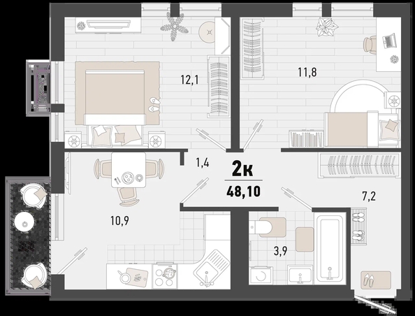 
   Продам 2-комнатную, 48.1 м², Барса, 1В литер

. Фото 12.