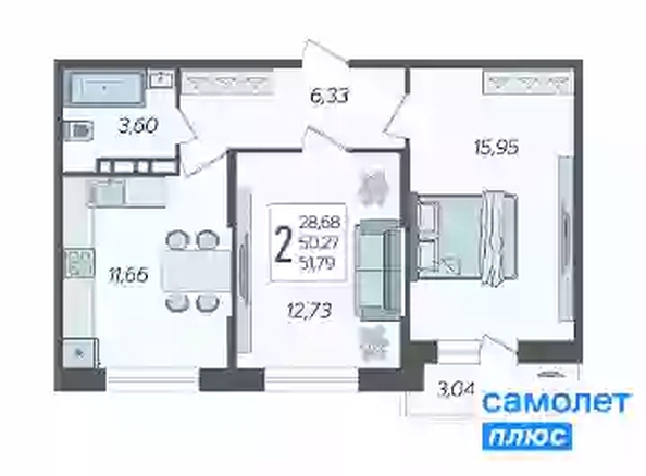 
   Продам 2-комнатную, 51.8 м², Смородина, литера 14

. Фото 21.