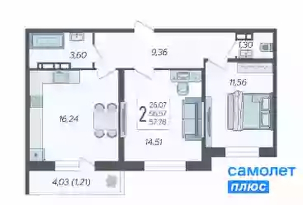 
   Продам 2-комнатную, 57.8 м², Смородина, литера 14

. Фото 21.