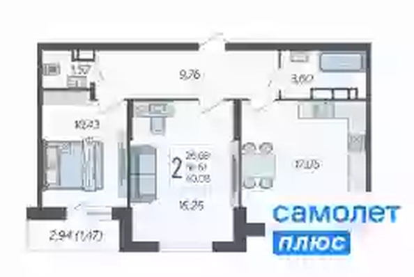 
   Продам 2-комнатную, 60.1 м², Смородина, литера 14

. Фото 21.