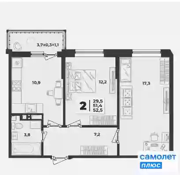 
   Продам 2-комнатную, 52.5 м², Лето, литера 1/1

. Фото 11.