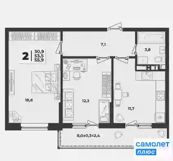 
   Продам 2-комнатную, 55.9 м², Лето, литера 1/1

. Фото 11.