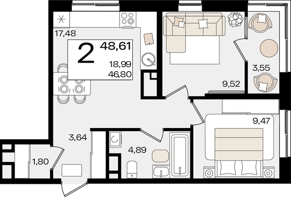 
   Продам 2-комнатную, 48.61 м², Патрики, литер 1.4

. Фото 4.