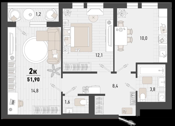 
   Продам 2-комнатную, 51.9 м², Барса, 3В литер

. Фото 6.