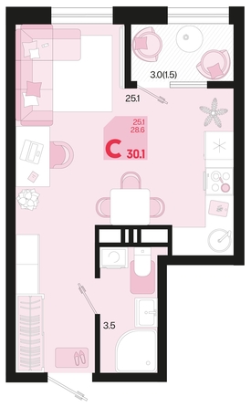 
   Продам 1-комнатную, 30.1 м², Первое место, квартал 1.1, литер 1

. Фото 11.