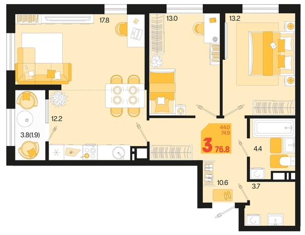 
   Продам 3-комнатную, 76.8 м², Первое место, квартал 1.4, литер 1

. Фото 11.