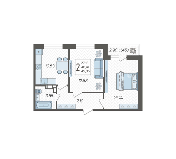 
   Продам 2-комнатную, 49.86 м², Смородина, литера 18

. Фото 2.