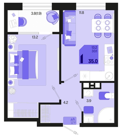 
   Продам 1-комнатную, 35 м², Первое место, квартал 1.6, литер 1

. Фото 6.