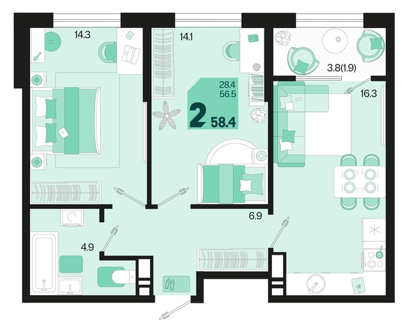 
   Продам 2-комнатную, 58.4 м², Первое место, квартал 1.6, литер 1

. Фото 6.