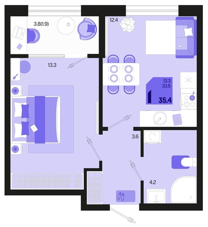 
   Продам 1-комнатную, 35.4 м², Первое место, квартал 1.6, литер 1

. Фото 6.