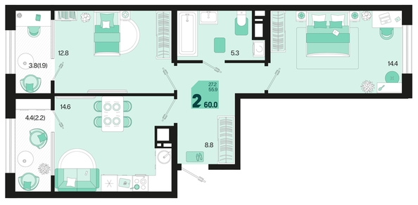 
   Продам 2-комнатную, 60 м², Первое место, квартал 1.6, литер 1

. Фото 12.