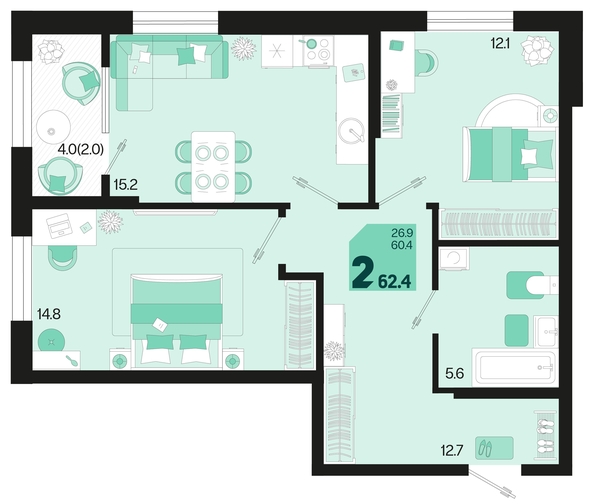 
   Продам 2-комнатную, 62.4 м², Первое место, квартал 1.6, литер 2

. Фото 6.