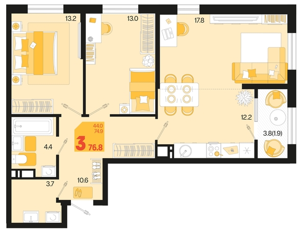 
   Продам 3-комнатную, 76.8 м², Первое место, квартал 1.6, литер 2

. Фото 12.